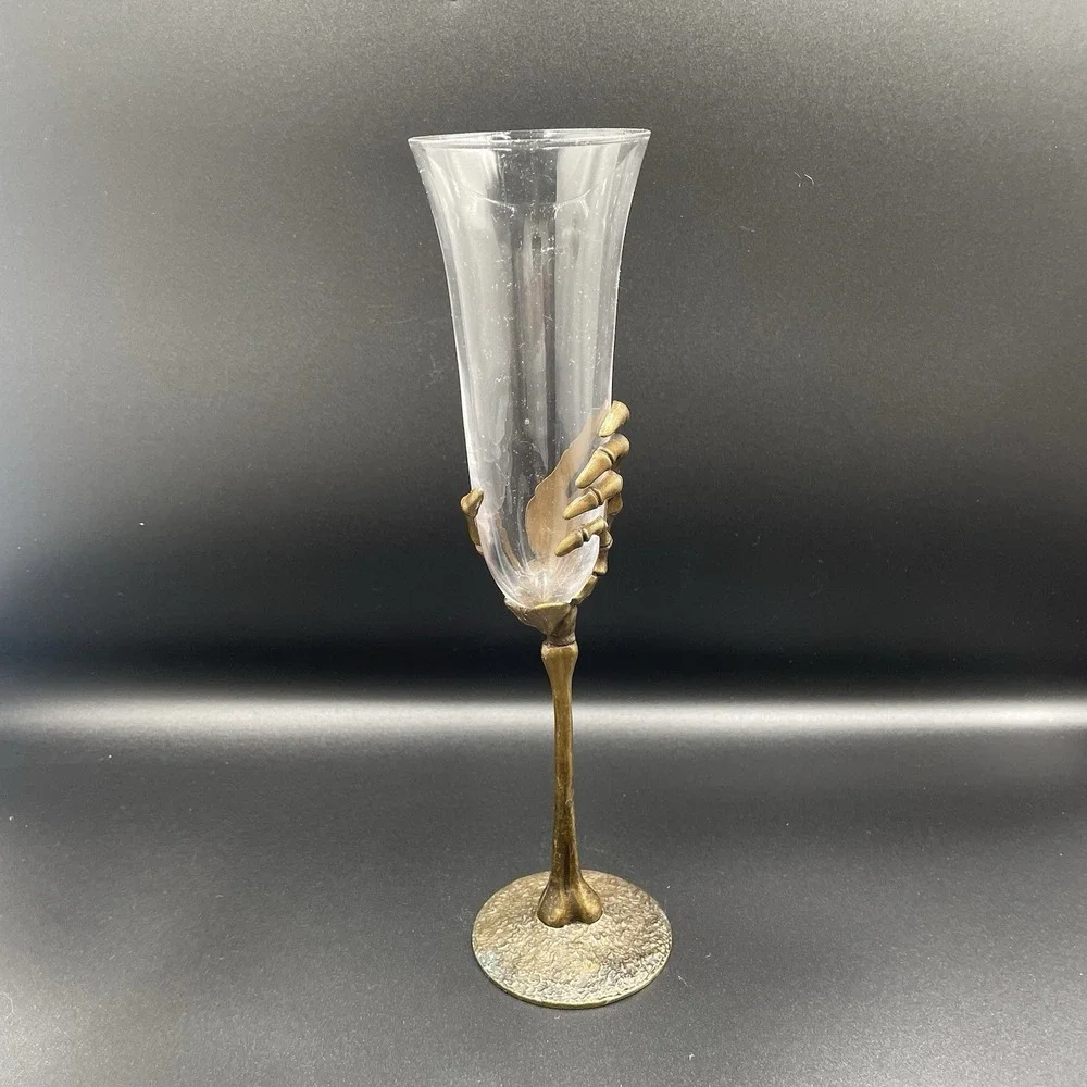 Skeleton Hand Fluted Champagne Glass‎ Gold Metal Base Clear Glass Halloween